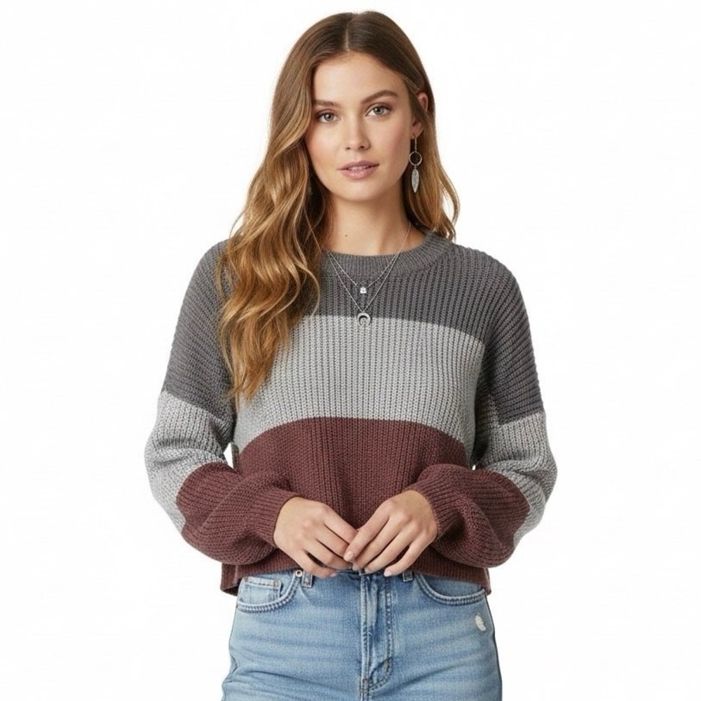 Debut Colorblock Shaker Knit Sweater Grey Mauve Cropped Balloon Sleeve Size L